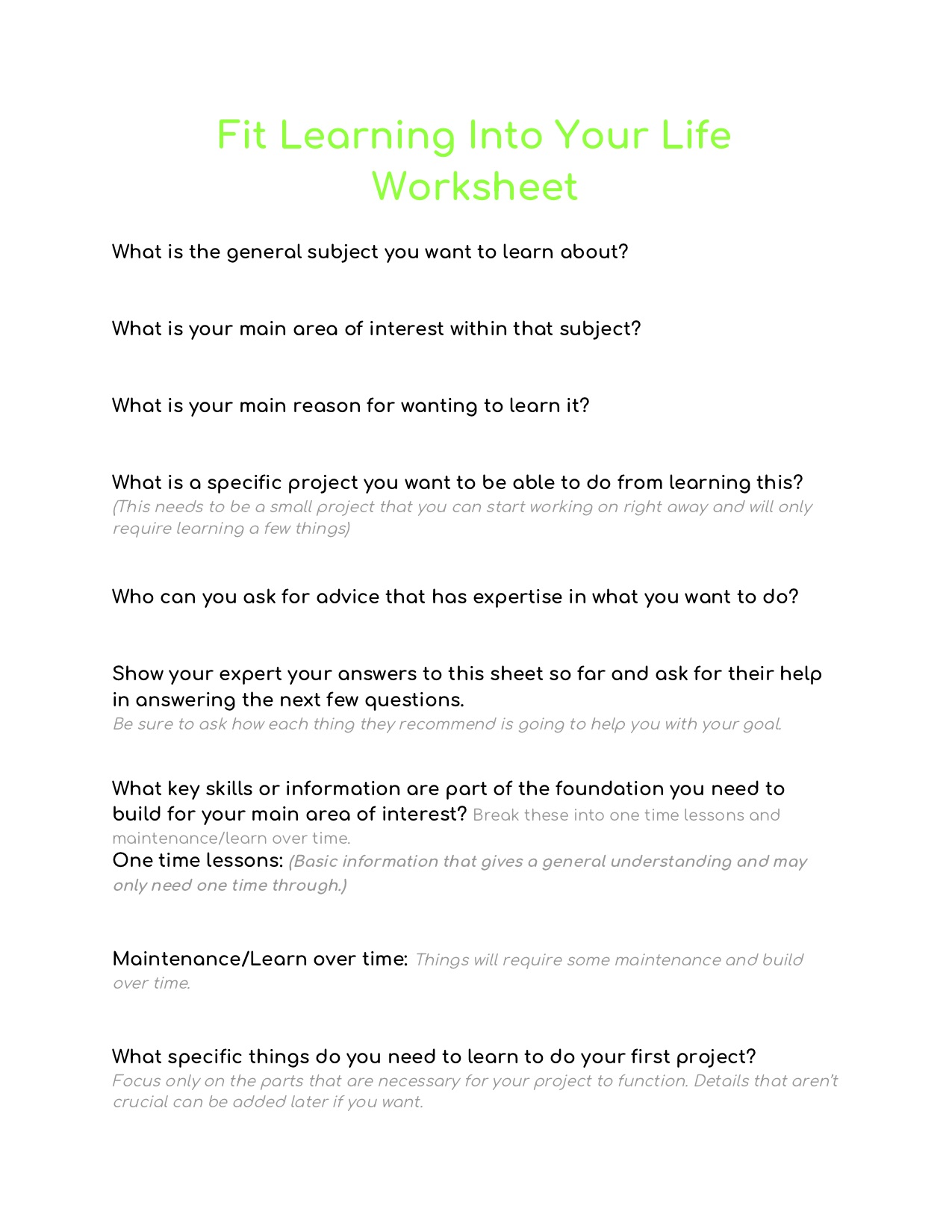 Fit Learning Into Your Life Worksheet Suzan Stroud